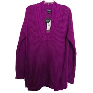 NWT Ralph Lauren Deep Purple Cable Knit V-Neck Womens Sweater